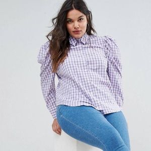 ASOS Curve Puff sleeve light purple check shirt